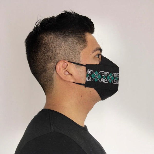 Cubrebocas Lino Triple Capa C/ Filtro Negro Y Verde Unisex - Teya Artesanal