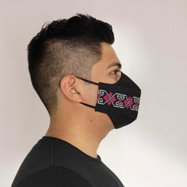 Cubrebocas Lino Triple Capa C/ Filtro Negro Y Rosa Unisex - Teya Artesanal