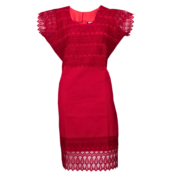 Red Linen Dress with English Lace