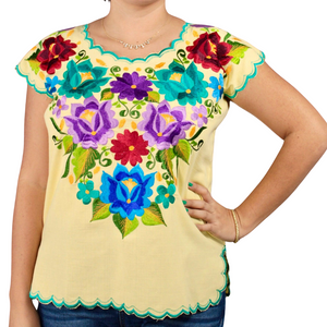 Blusa Yucateca Bordada Amarilla Lino Modelo Andrea