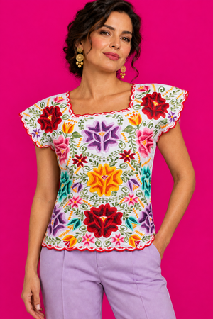 Blusa Artesanal Yucateca Blanca Bordada a Mano Modelo Natalia para Mujer