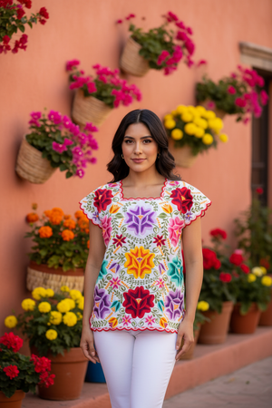 Blusa Artesanal Yucateca Blanca Bordada a Mano Modelo Natalia para Mujer