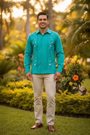 Guayabera Bordada Yucateca Verde Jade Modelo Colibrí Manga Larga para Hombre