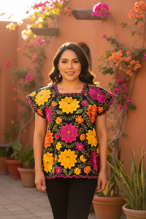 Black Yucatecan Artisan Blouse Hand Embroidery Model Natalia