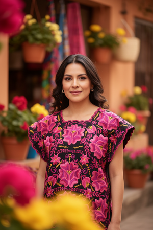 Black Yucatecan Handmade Blouse Hand Embroidery Model Natalia for Women