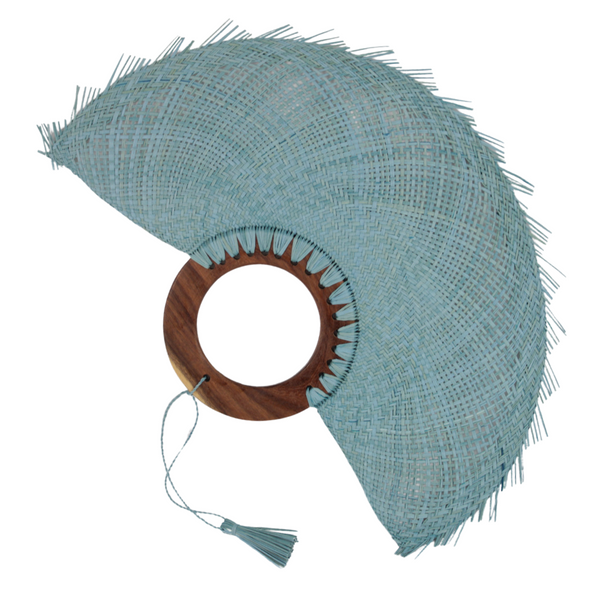 Handcrafted Sky Blue Palm Jipijapa Fan with Wooden Handle