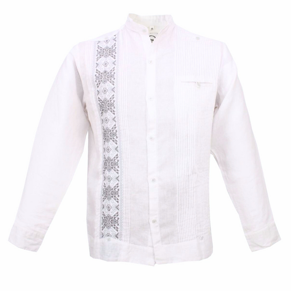 Manica lunga da uomo modello Guayabera Uxmal ricamato Yucatecan bianco 100% lino