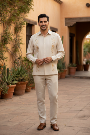 Guayabera Bordada Yucateca Beige Modelo Colibrí Manga Larga Para Hombre