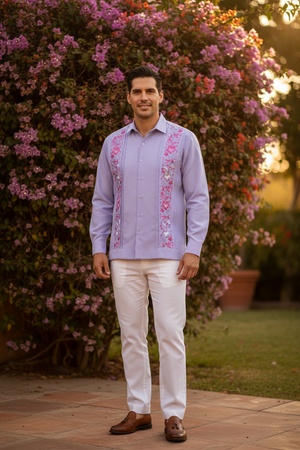 Guayabera Bordada Yucateca Lila Modelo Colibrí Manga Larga Para Hombre