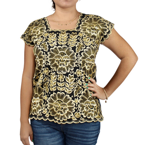 Blusa Yucateca Bordada Negra Lino Modelo Aurora