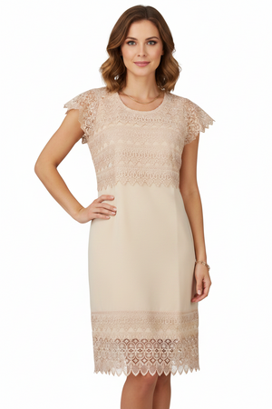 Vestido Beige Con Encaje Manga Corta Para Mujer