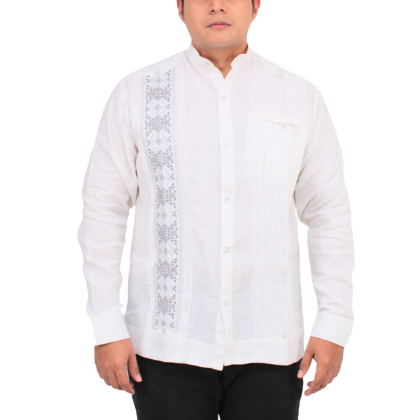 Manica lunga da uomo modello Guayabera Uxmal ricamato Yucatecan bianco 100% lino