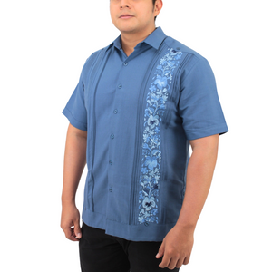 Blue Embroidered Yucateca Guayabera Steel Colibrí Model Short Sleeve For Men