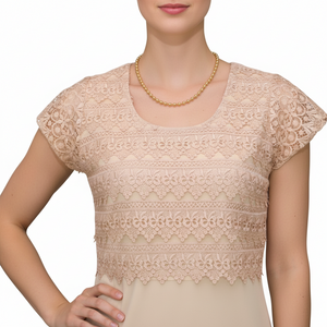 Vestido Beige Con Encaje Manga Corta Para Mujer