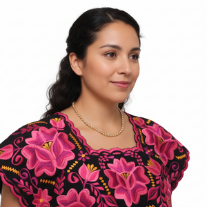 Black Yucatecan Handmade Blouse Hand Embroidery Model Natalia for Women