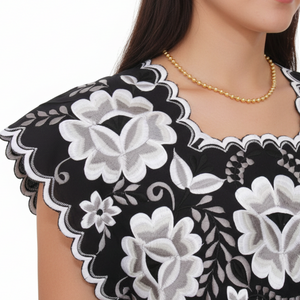 Black Yucatecan Handmade Blouse Hand Embroidery Model Natalia for Women