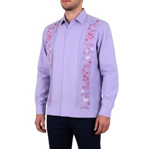 Guayabera Bordada Yucateca Lila Modelo Colibrí Manga Larga Para Hombre