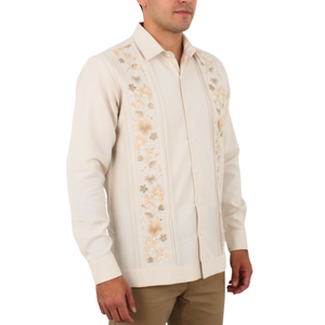 Guayabera Bordada Yucateca Beige Modelo Colibrí Manga Larga Para Hombre