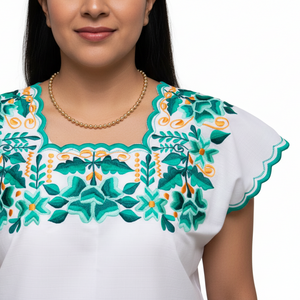 White huipil embroidery on both sides Yucateco by hand itzel model for women