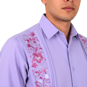 Guayabera Bordada Yucateca Lila Modelo Colibrí Manga Larga Para Hombre