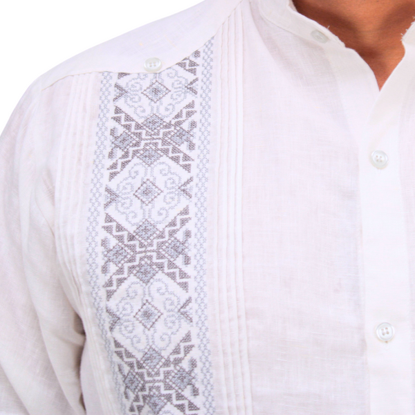 Guayabera 100% Lino Bordada Yucateca Blanca Modelo Uxmal Manga Larga para Hombre