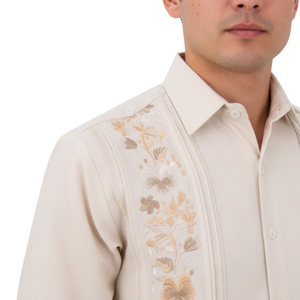 Guayabera Bordada Yucateca Beige Modelo Colibrí Manga Larga Para Hombre