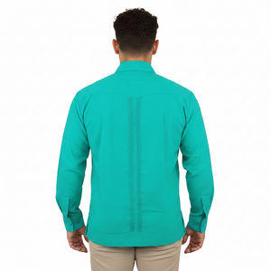 Guayabera Bordada Yucateca Verde Jade Modelo Colibrí Manga Larga para Hombre