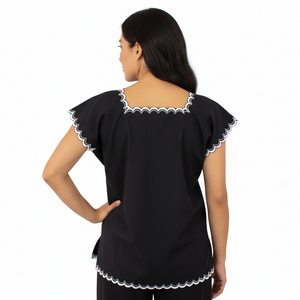 Black Yucatecan Handmade Blouse Hand Embroidery Model Natalia for Women