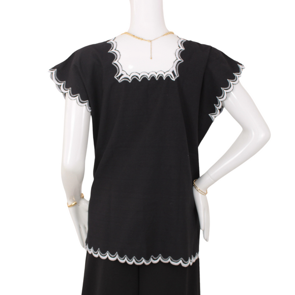 Handmade Black Yucatecan Blouse Hand Embroidered Model Natalia