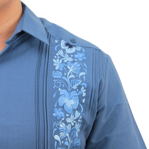 Blue Embroidered Yucateca Guayabera Steel Colibrí Model Short Sleeve For Men