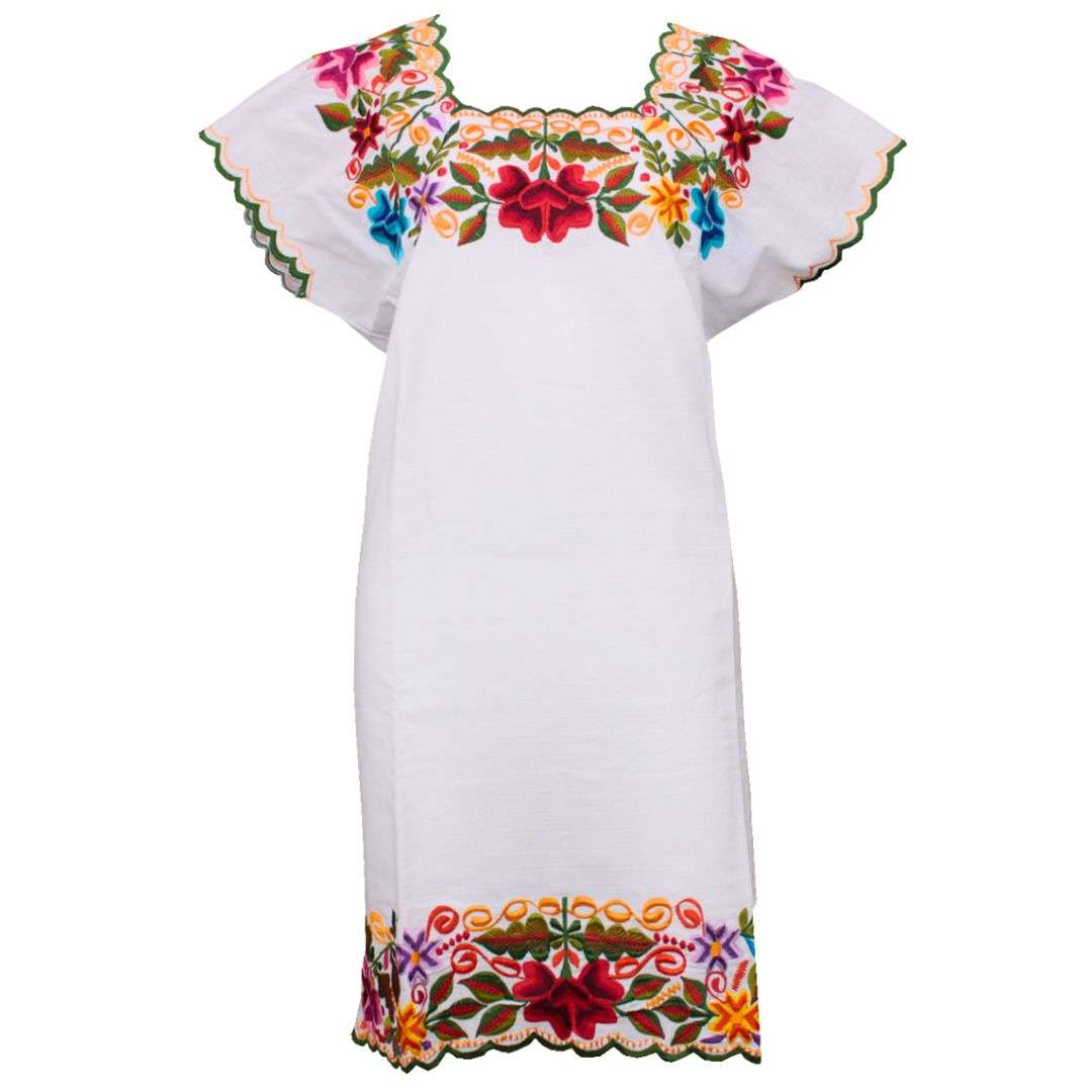 Vestido Huipil Blanco Bordado en Ambos Lados Yucateco a Mano