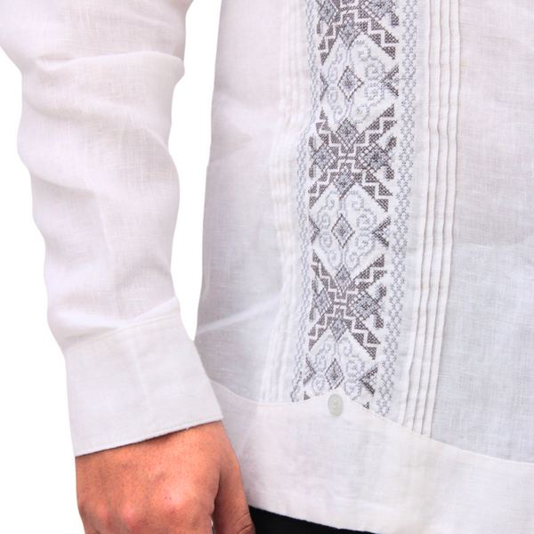 Guayabera 100% Lino Bordada Yucateca Blanca Modelo Uxmal Manga Larga para Hombre