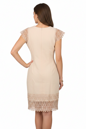 Vestido Beige Con Encaje Manga Corta Para Mujer