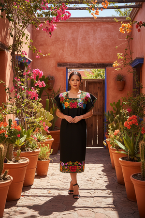 Black Huipil Dressed embroidered on both Yucatecan Sides by Hand Model Itzel for Women
