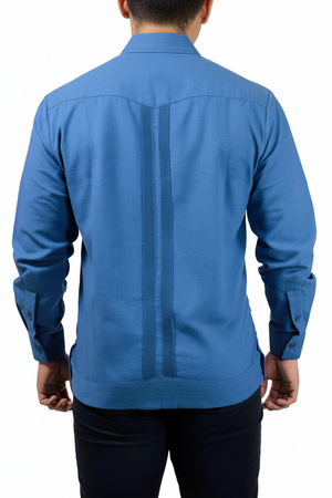 Guayabera Bordada Yucateca Azul Acero Modelo Colibrí Manga Larga para Hombre