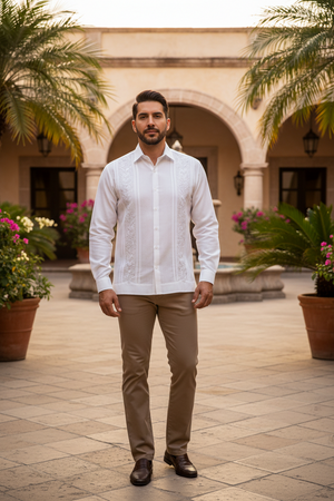 Guayabera Bordada Yucateca Blanca Modelo Colibrí Manga Larga Para Hombre