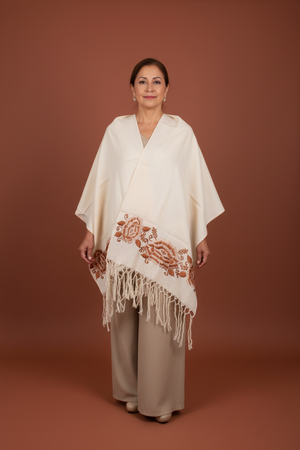 Rebozo Chal Artesanal Beige 100% Lino Bordado Yucateco 2.10 metros