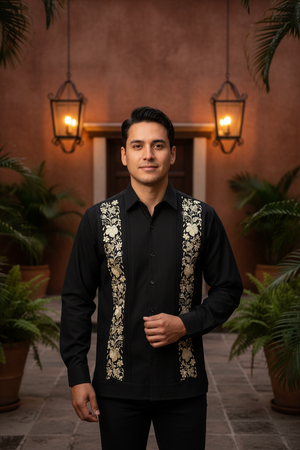 Guayabera Bordada Yucateca Negra Modelo Colibrí Manga Larga Para Hombre