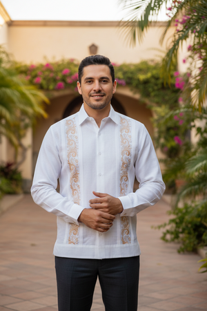 Guayabera Bordada Yucateca Blanca Modelo Branch Manga Larga para Hombre