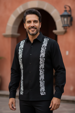 Guayabera Bordada Yucateca Negra Modelo Branch Manga Larga para Hombre