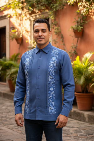 Guayabera Bordada Yucateca Azul Acero Modelo Colibrí Manga Larga para Hombre