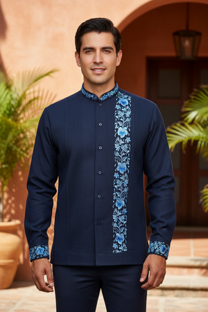Guayabera Bordada Yucateca Azul Marino Modelo Colibrí Manga Larga para Hombre