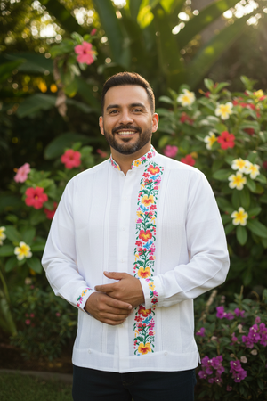 Multicolor White Embroidered Yucateca Guayabera Men's Long Sleeve Model Model