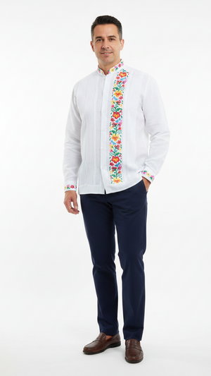 Multicolor White Embroidered Yucateca Guayabera Men's Long Sleeve Model Model