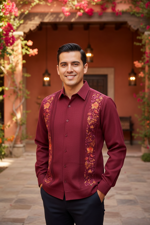 Guayabera Bordada Yucateca Vino Modelo Colibrí Manga Larga para Hombre