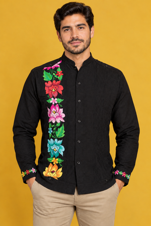 Black Embroidered Guayabera Yucatán Long Sleeve for Men