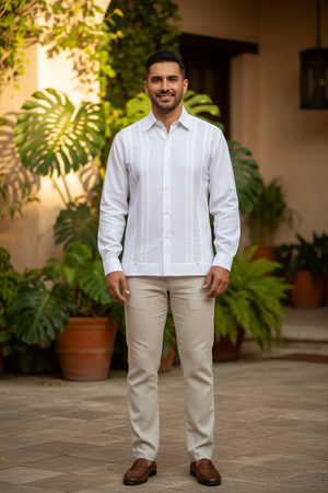 Guayabera Bordada Yucateca Blanca Modelo Itzamná Manga Larga Botones Ocultos para Hombre