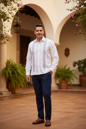Guayabera Bordada Yucateca Blanca Modelo Kukulkán Manga Larga para Hombre