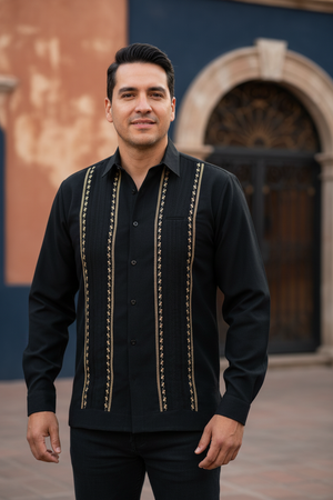 Guayabera Bordada Yucateca Azul Marino Modelo Plumilla Manga Larga para Hombre