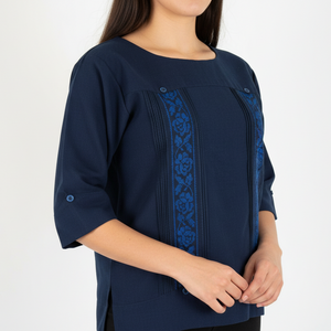 Blusa Guayabera Yucateca Bordada Punto de Cruz Manga 3/4 para Mujer